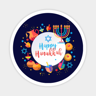 Jewish Holiday Hanukkah Party Decoration with traditional Chanukah symbols - wooden dreidels (spinning top), lettering, donuts, hanukkiah menorah candles, oil jar, star of David Magnet